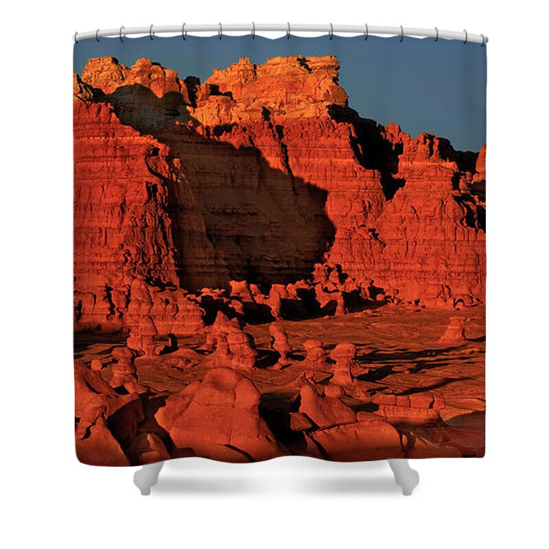 North America Shower Curtain featuring the photograph Panorama Hoodoos Goblin Valley Utah by Dave Welling