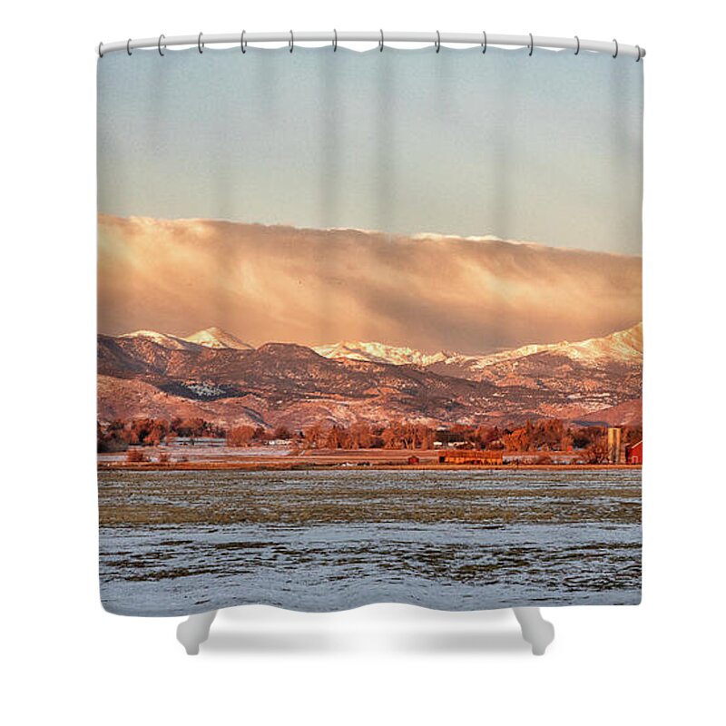 Farm Shower Curtain featuring the photograph Panorama of a Farm in the Shadows of the Rockies by Tony Hake