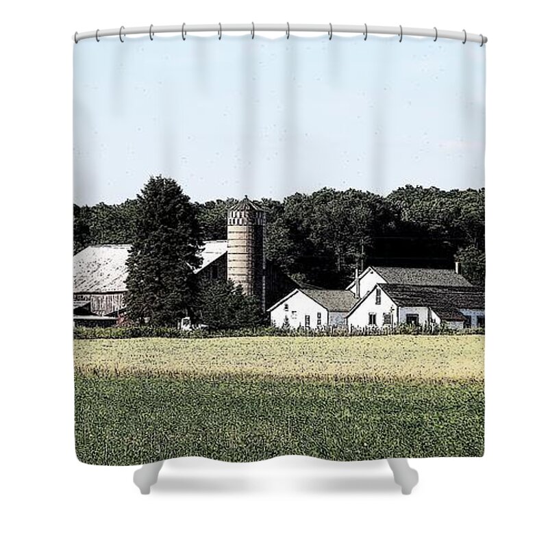 Panorama Of Amish Country Farm Landscape In Chautauqua New York Ink Sketch Effect Shower Curtain featuring the photograph Panorama of Amish Country Farm Landscape in Chautauqua New York Ink Sketch Effect by Rose Santuci-Sofranko