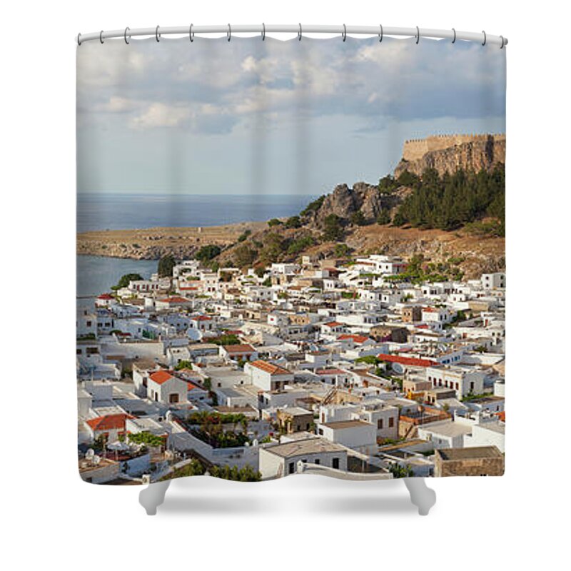 Viewpoint Shower Curtain featuring the photograph Panorama View Lindos, Rhodes Island by Peter Adams