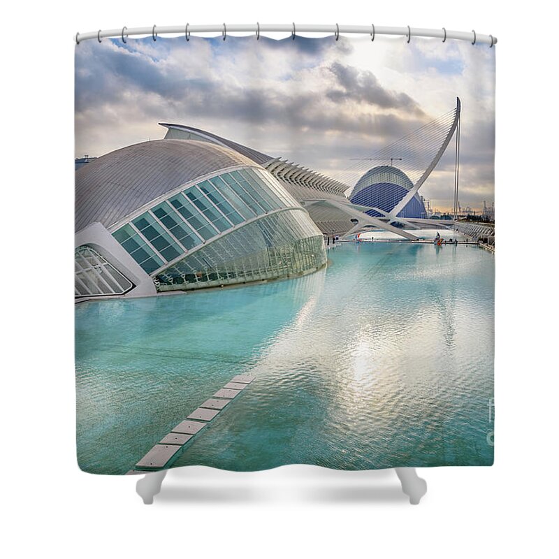 Agora Shower Curtain featuring the photograph Panoramic cinema in the city of sciences of Valencia, Spain, vis by Joaquin Corbalan