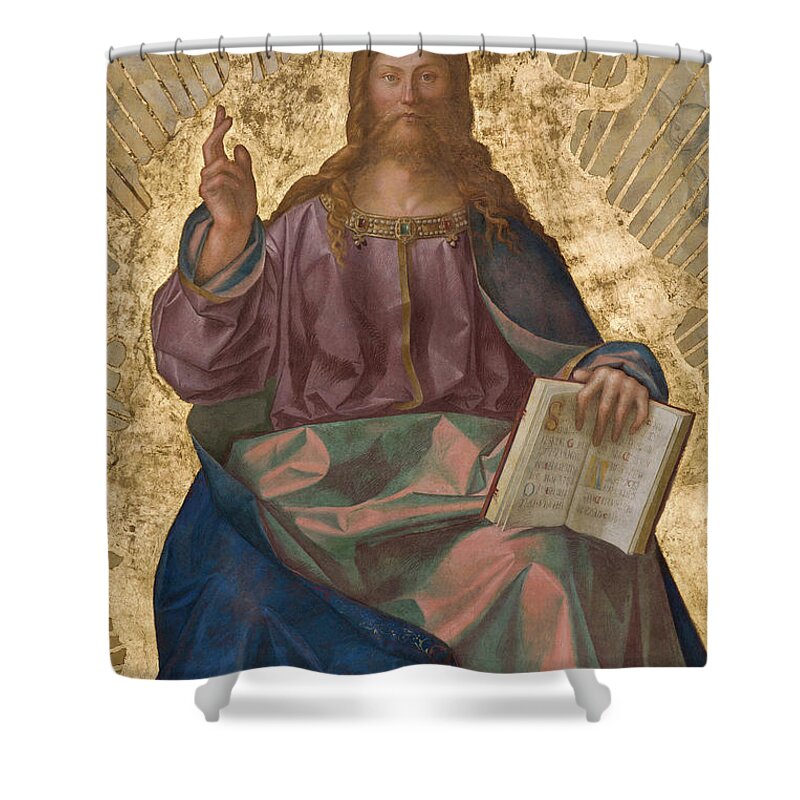 Christian Shower Curtain featuring the painting Pantocrator Among Saints by Boccaccio Boccaccino