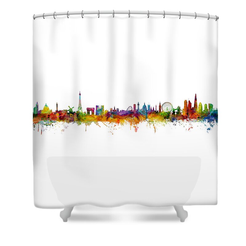 Paris Shower Curtain featuring the digital art Paris and London Skylines mashup by Michael Tompsett