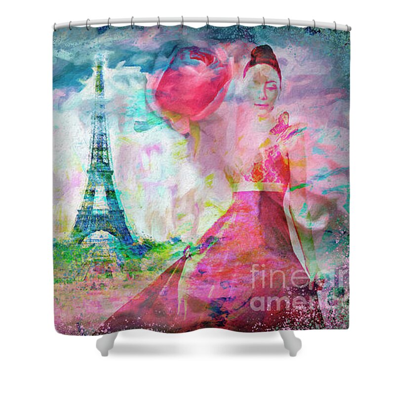 Abstract Shower Curtain featuring the mixed media Paris Rose City of Love by Ginette Callaway
