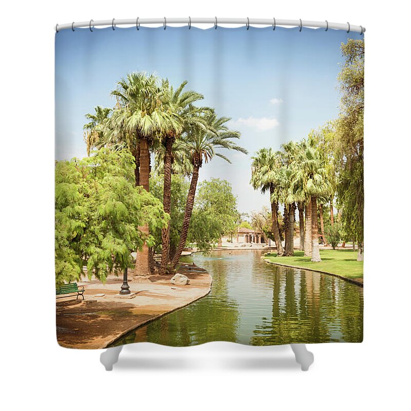 Downtown District Shower Curtain featuring the photograph Park With Palm Tree In Phoenix - Arizona by Franckreporter