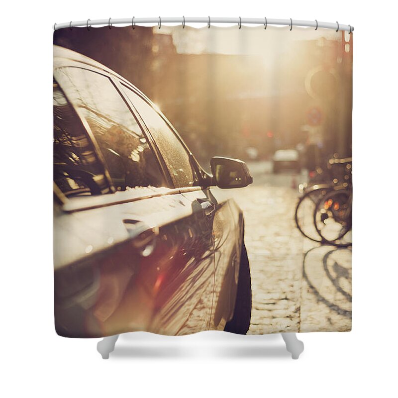 Berlin Shower Curtain featuring the photograph Parking Car In The Sunlight by Ppampicture