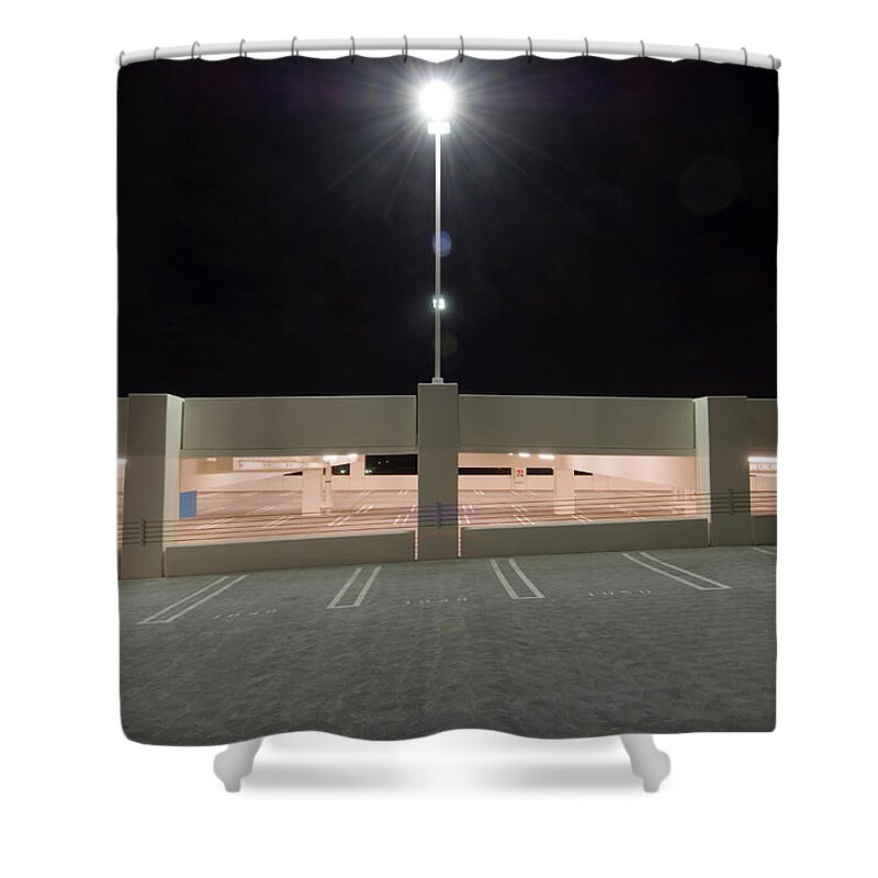 Empty Shower Curtain featuring the photograph Parking Structure At Night by John Humble