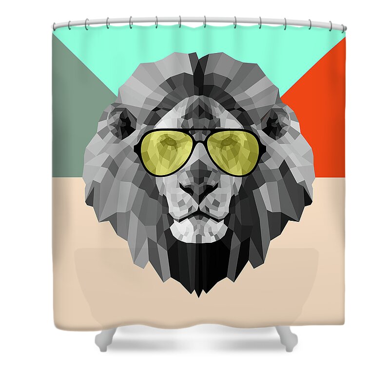 Lion Shower Curtain featuring the digital art Party Lion in Glasses by Naxart Studio