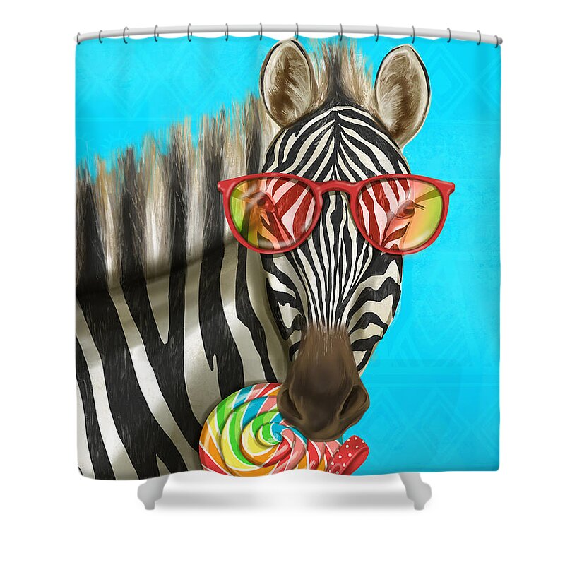 Zebra Shower Curtain featuring the mixed media Party Safari Zebra by Shari Warren