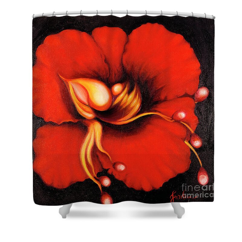 Red Surreal Bloom Artwork Shower Curtain featuring the painting Passion Flower by Jordana Sands