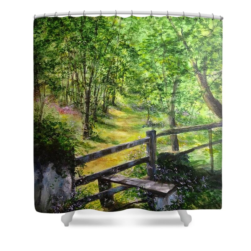Bluebells Shower Curtain featuring the painting Path way through the countryside England by Lizzy Forrester