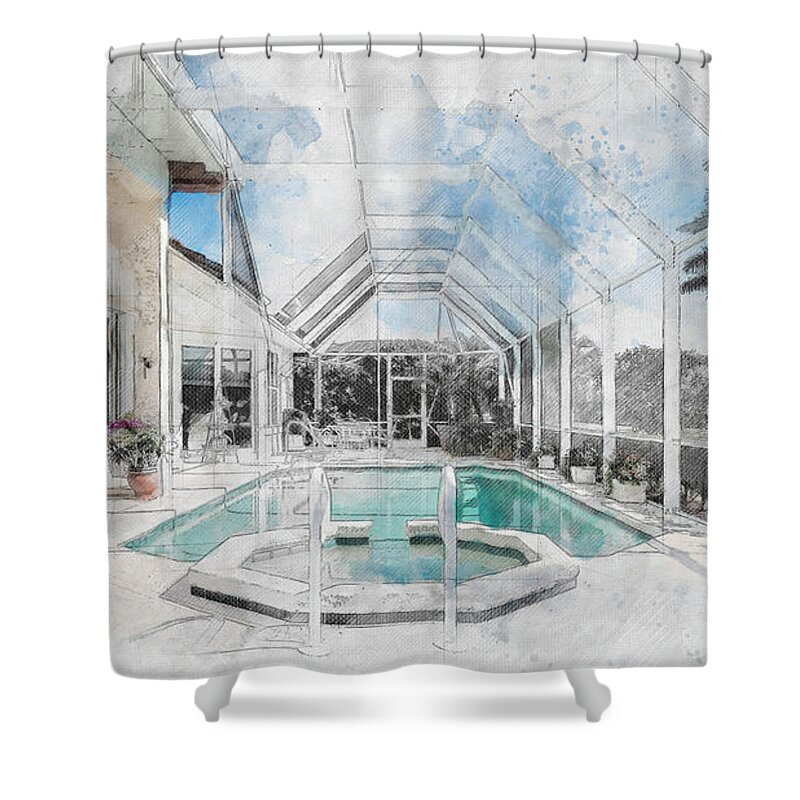 Pool Shower Curtain featuring the digital art Patio pool by Rob Smith's
