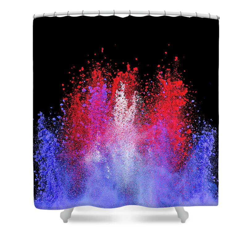 Celebration Shower Curtain featuring the photograph Patriotic Explosion Of Colored Powder by Don Farrall
