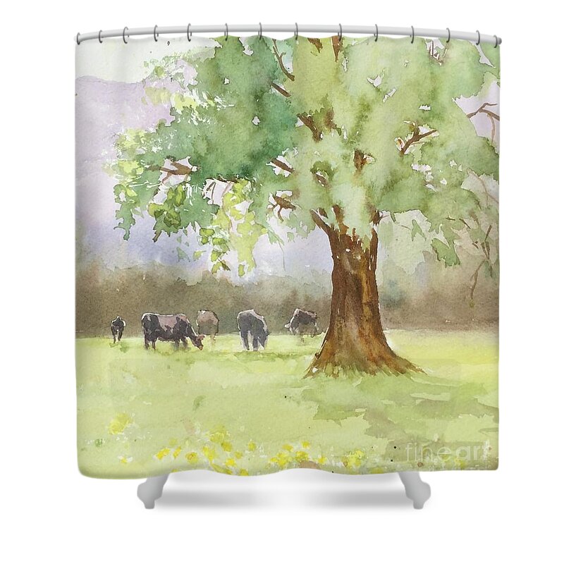 Pasture Shower Curtain featuring the painting Peaceful Day by Watercolor Meditations