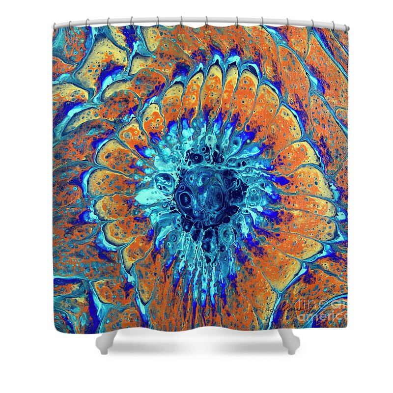  Poured Acrylic Shower Curtain featuring the painting Peacock Fan by Lucy Arnold