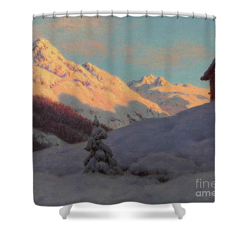 Snow Shower Curtain featuring the painting Peaks in the Engadine by Ivan Fedorovich Choultse