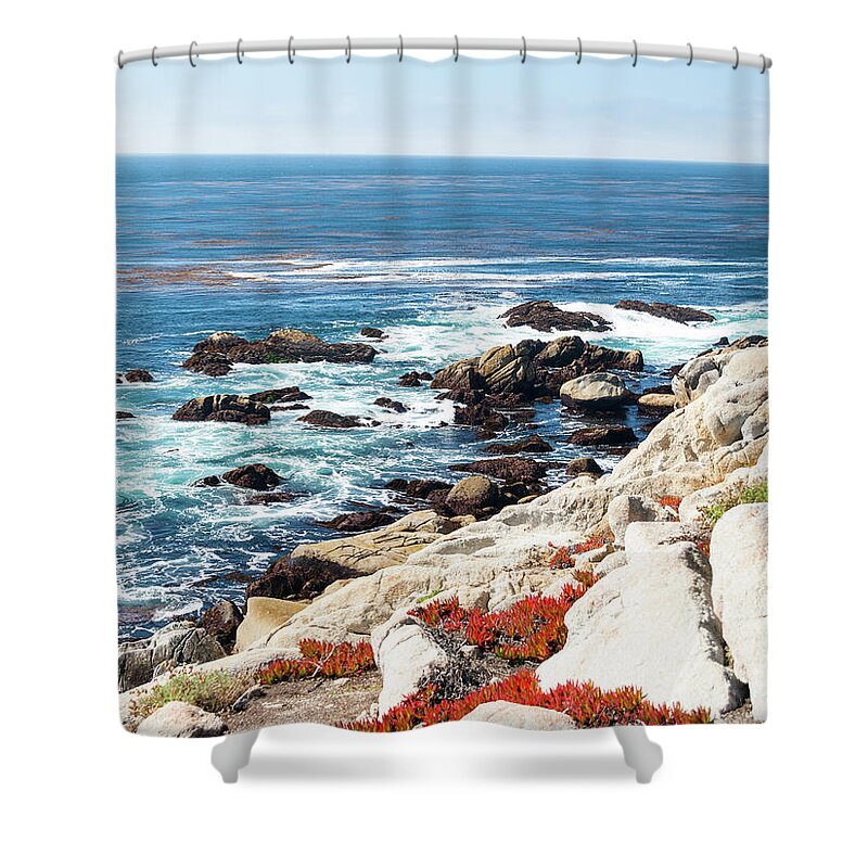 Water's Edge Shower Curtain featuring the photograph Pebble Beach Seascape by David Lopes