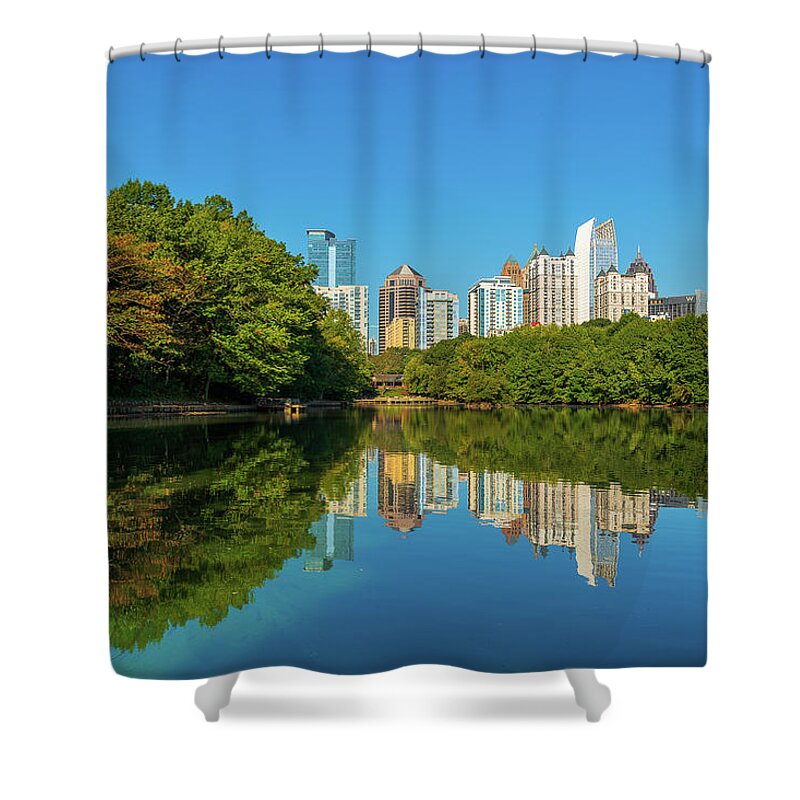 Outdoor; Travel; Georgia; South; Lake; Park; Cityscape; Pedimont; Pedimont Park; Georgia State; South East; High-rise; Reflection; Tree; Falls Shower Curtain featuring the digital art Pedimont Park, Atlanta by Michael Lee