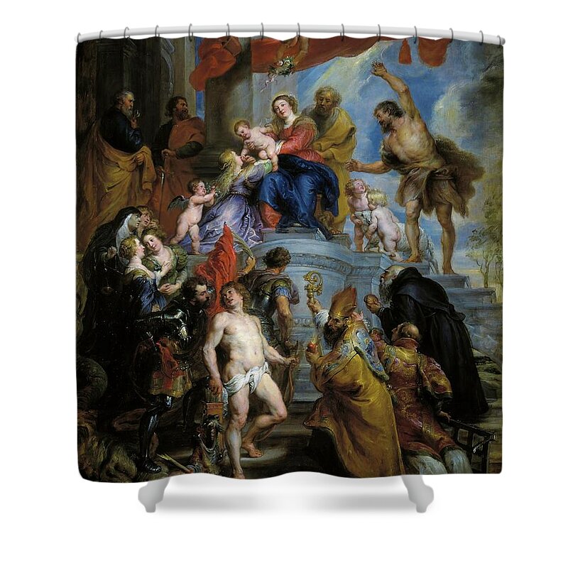 Child Jesus Shower Curtain featuring the painting Pedro Pablo Rubens / 'The Holy Family surrounded by Saints', ca. 1630, Flemish School. CHILD JESUS. by Peter Paul Rubens -1577-1640-
