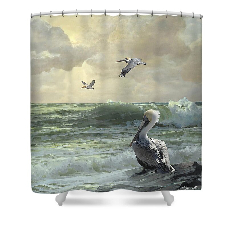 Florida Shower Curtain featuring the digital art Pelicans in the Surf by M Spadecaller
