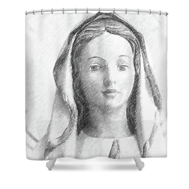 Blessed Virgin Mary Shower Curtain featuring the photograph pencil sketch with vignette of Blessed Virgin Mary by Vivida Photo PC