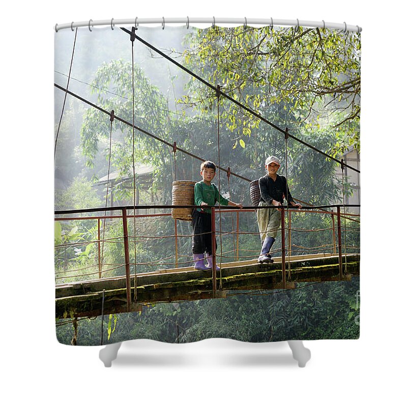 Sapa Shower Curtain featuring the photograph People and children from Sapa, mountainous area of northern Vietnam in their daily life. by Joaquin Corbalan
