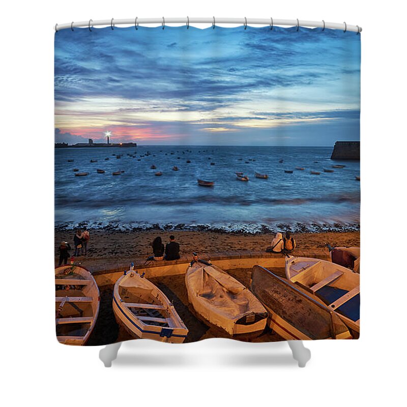 Sea Shower Curtain featuring the photograph People at Caleta Beach Photographing Sunset Dramatic Sky Cadiz Andalusia Spain by Pablo Avanzini