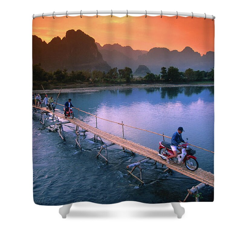 Southeast Asia Shower Curtain featuring the photograph People Crossing Bridge Across Nam Song by John Elk Iii