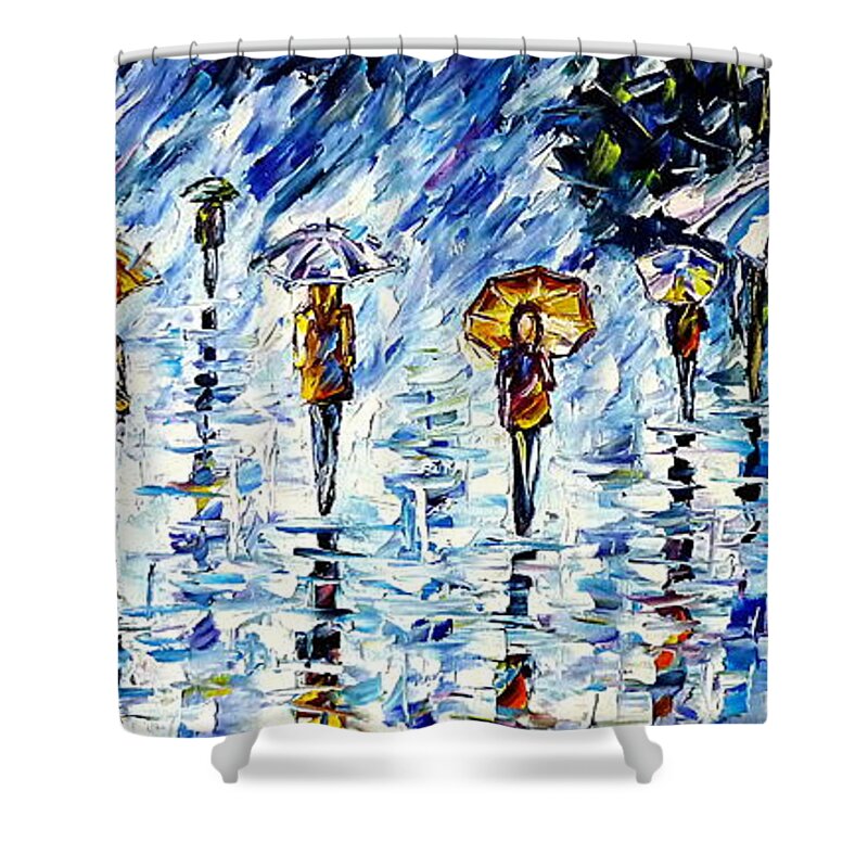 Rainy City Scenery Shower Curtain featuring the painting People In The Rain II by Mirek Kuzniar