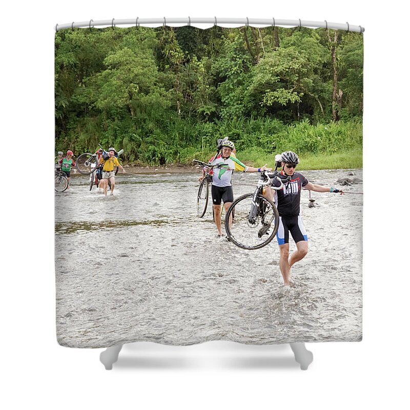 People Shower Curtain featuring the photograph People with bicycles are crossing Rio Cano Negro in Costa Rica by Marek Poplawski