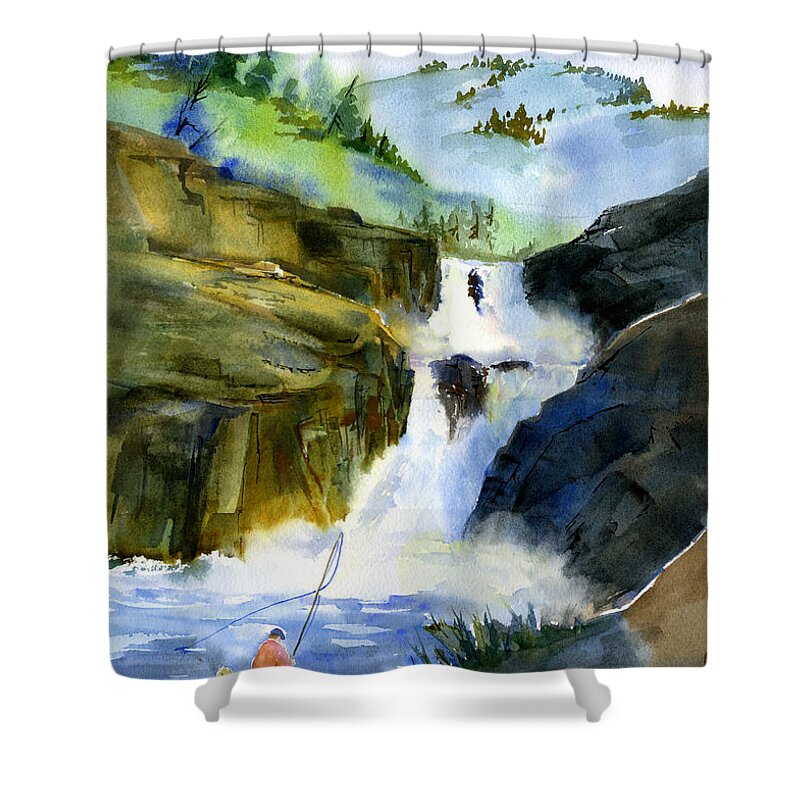American River Shower Curtain featuring the painting Petroglyph Falls Fishing by Joan Chlarson