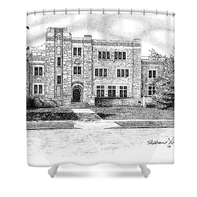 Phi Delta Theta Fraternity House Shower Curtain featuring the drawing Phi Delta Theta Fraternity House, Butler University, Indianapolis, Indiana by Stephanie Huber