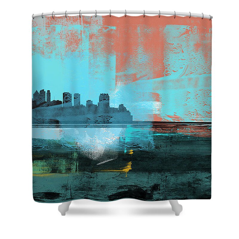 Philadelphia Shower Curtain featuring the mixed media Philadelphia Abstract Skyline I by Naxart Studio