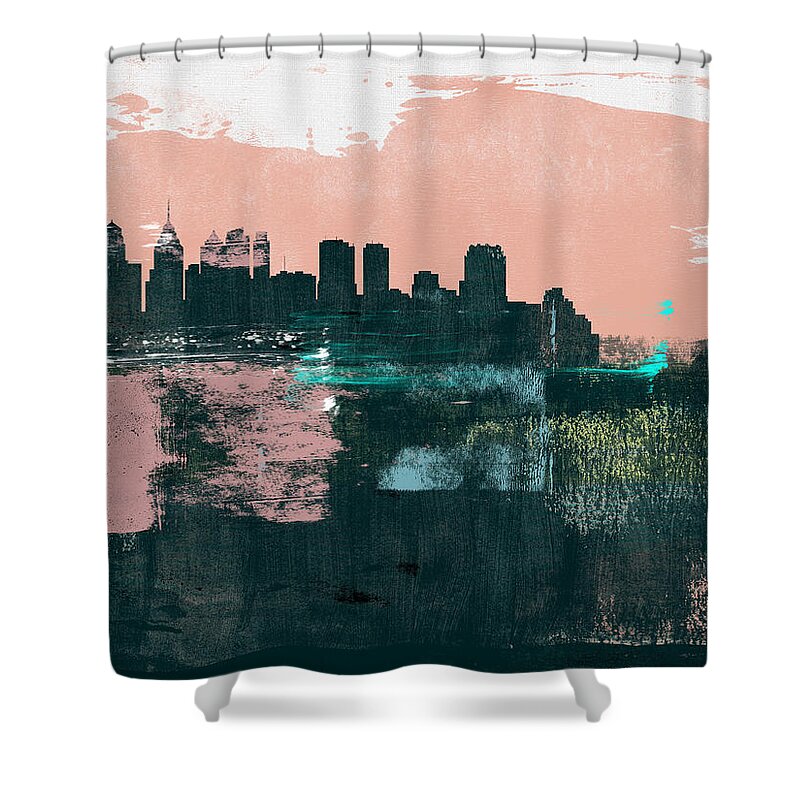 Philadelphia Shower Curtain featuring the mixed media Philadelphia Abstract Skyline II by Naxart Studio