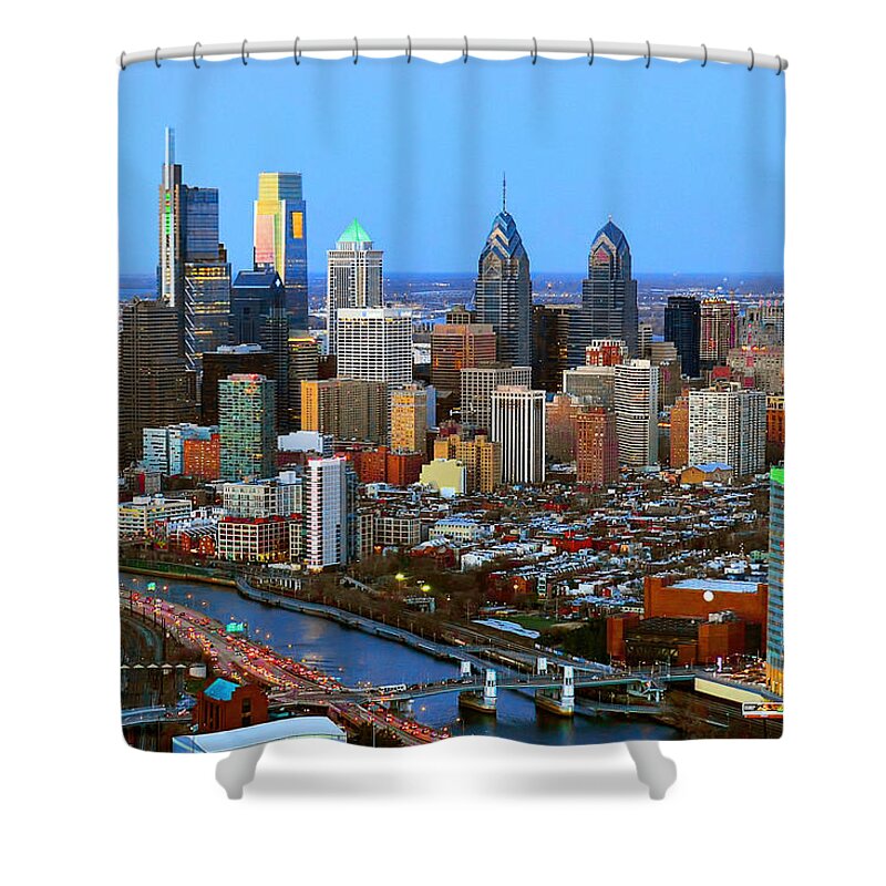 Philadelphia Skyline At Dusk Shower Curtain featuring the photograph Philadelphia Skyline at Dusk 2018 by Jon Holiday
