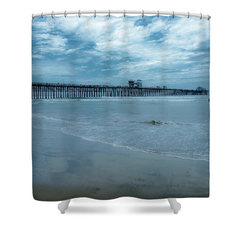 Pier Shower Curtain featuring the photograph Pier Out of the Blue by Debra Kewley