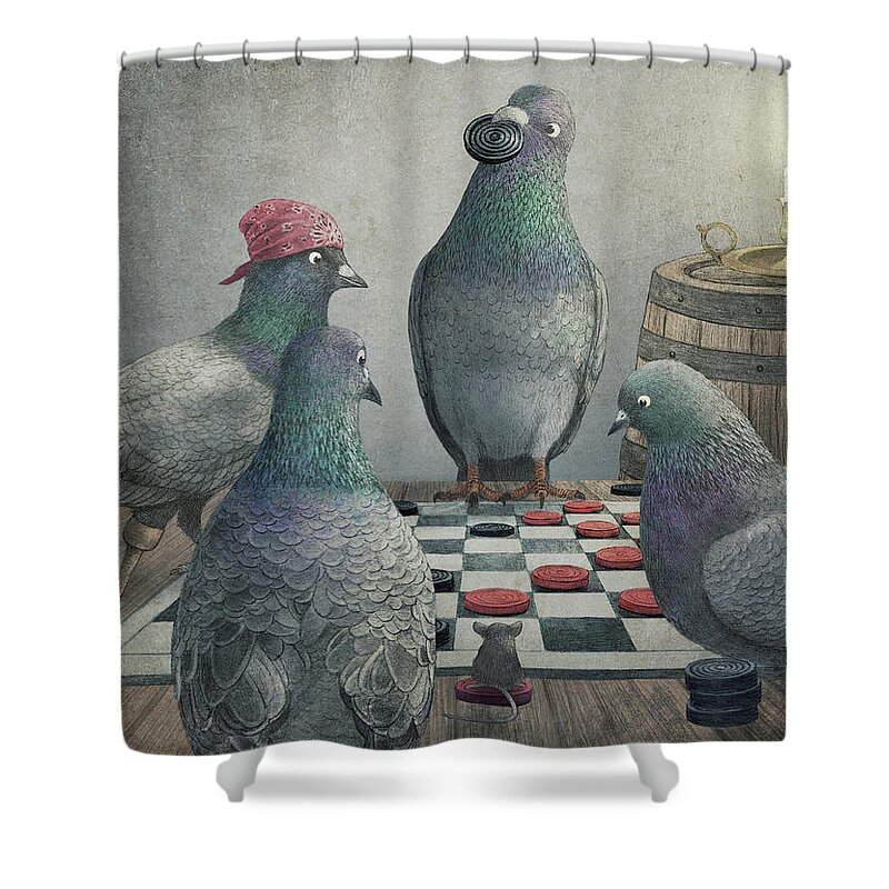 Pigeons Shower Curtain featuring the drawing Pigeons Playing Checkers by Eric Fan