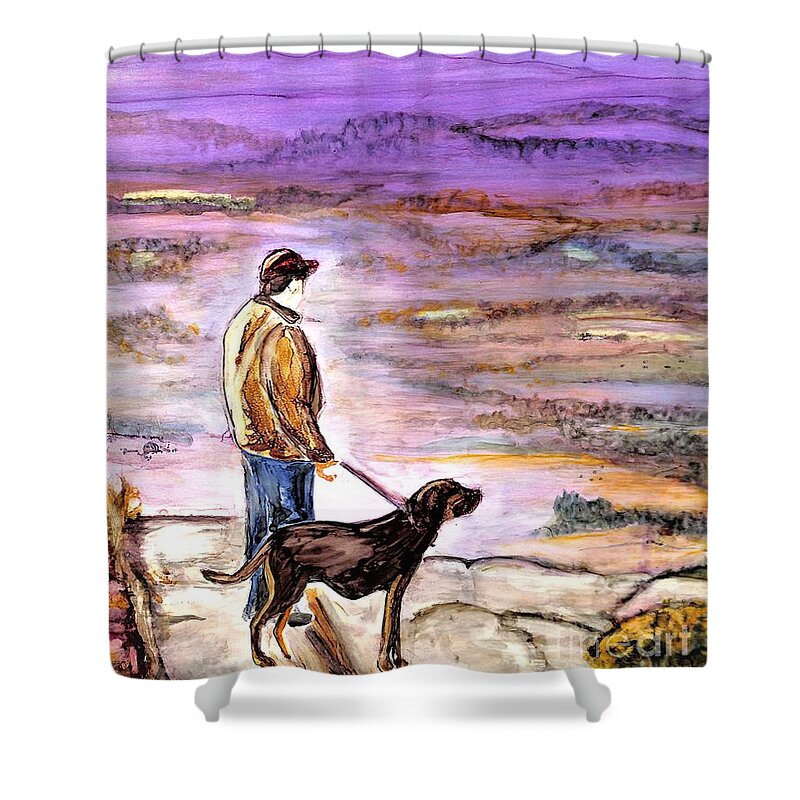 Dog Shower Curtain featuring the painting Pilot Mountain Dog Walk by Patty Donoghue