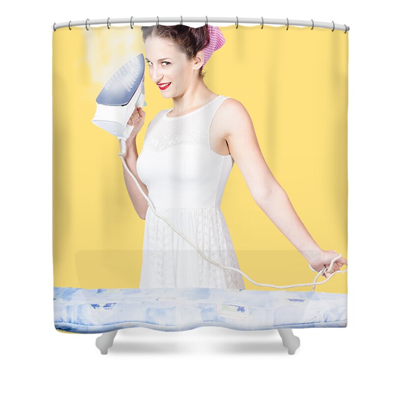 Cleaning Shower Curtain featuring the photograph Pin up woman providing steam clean ironing service by Jorgo Photography