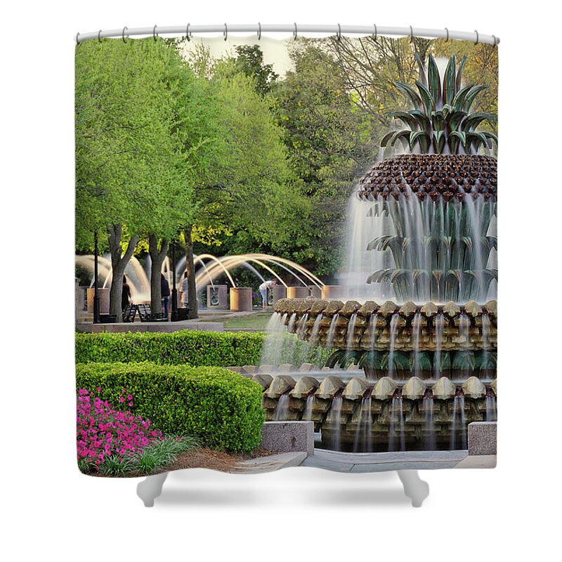 Outdoors Shower Curtain featuring the photograph Pineapple Fountain At Sunset by Adam Jones