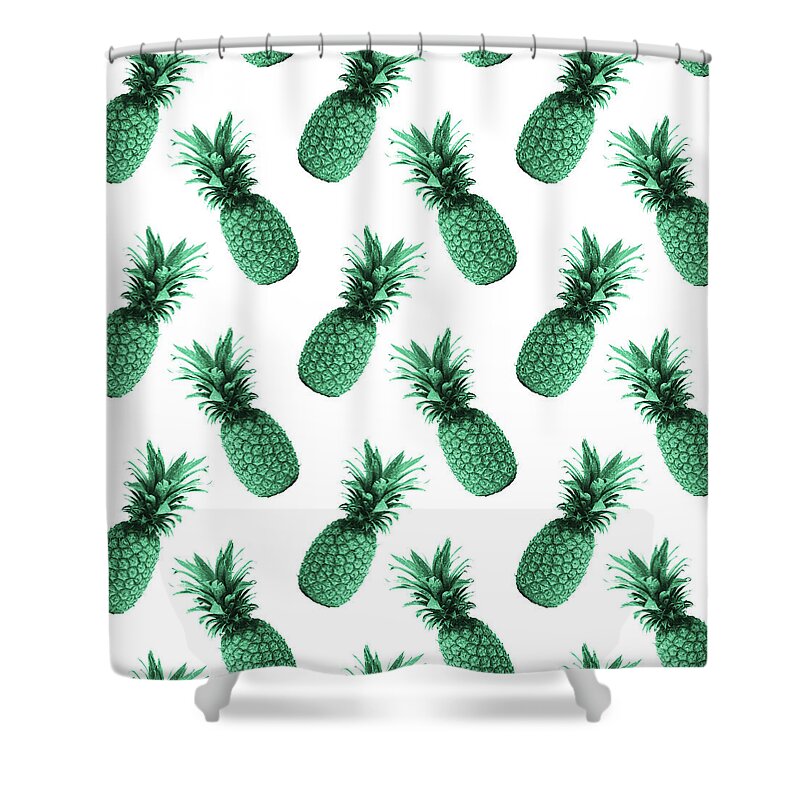 Pineapple Pattern Shower Curtain featuring the mixed media Pineapple Pattern - Tropical Pattern - Summer- Pineapple Wall Art - Blue, White - Minimal by Studio Grafiikka
