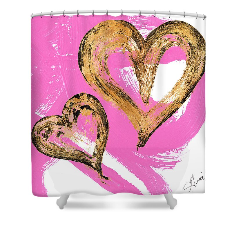 Pink Shower Curtain featuring the painting Pink and Gold Heart Strokes II by Gina Ritter