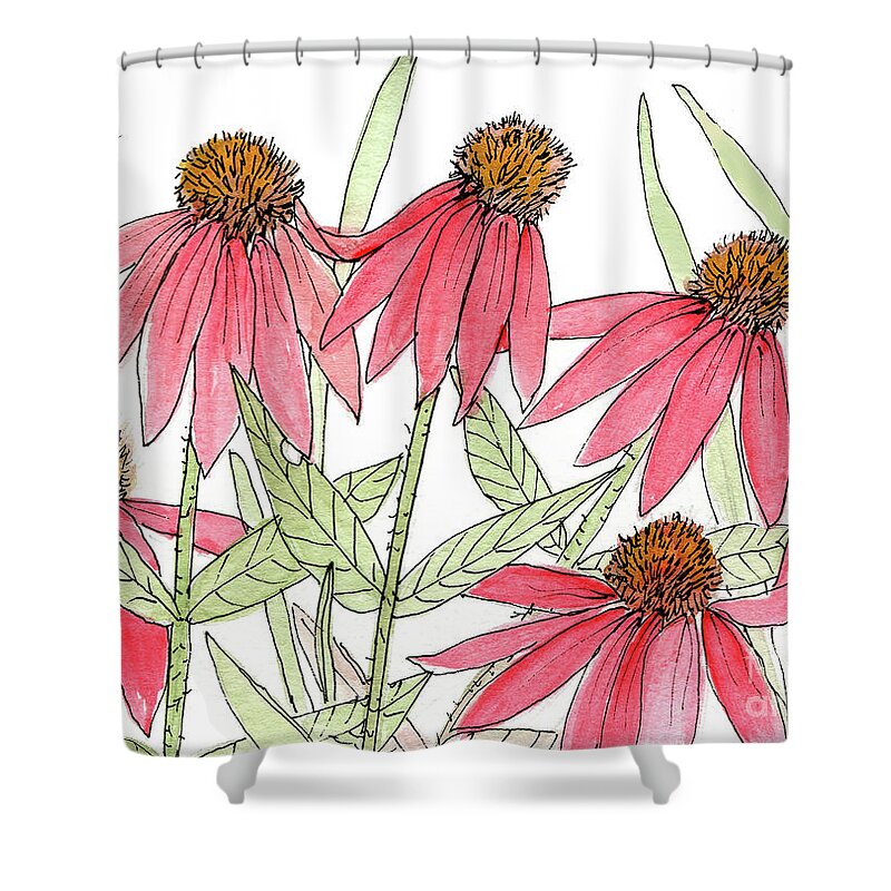 Pink Coneflower Shower Curtain featuring the painting Pink Coneflowers Gather Watercolor by Laurie Rohner