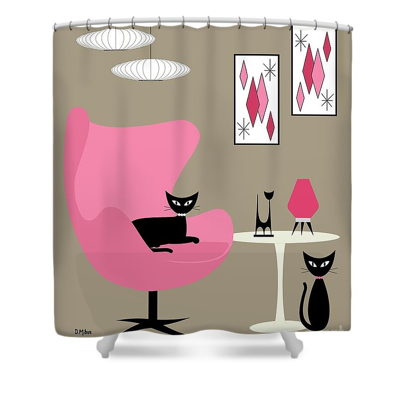 Mid Century Modern Shower Curtain featuring the digital art Pink Egg Chair with Cats by Donna Mibus