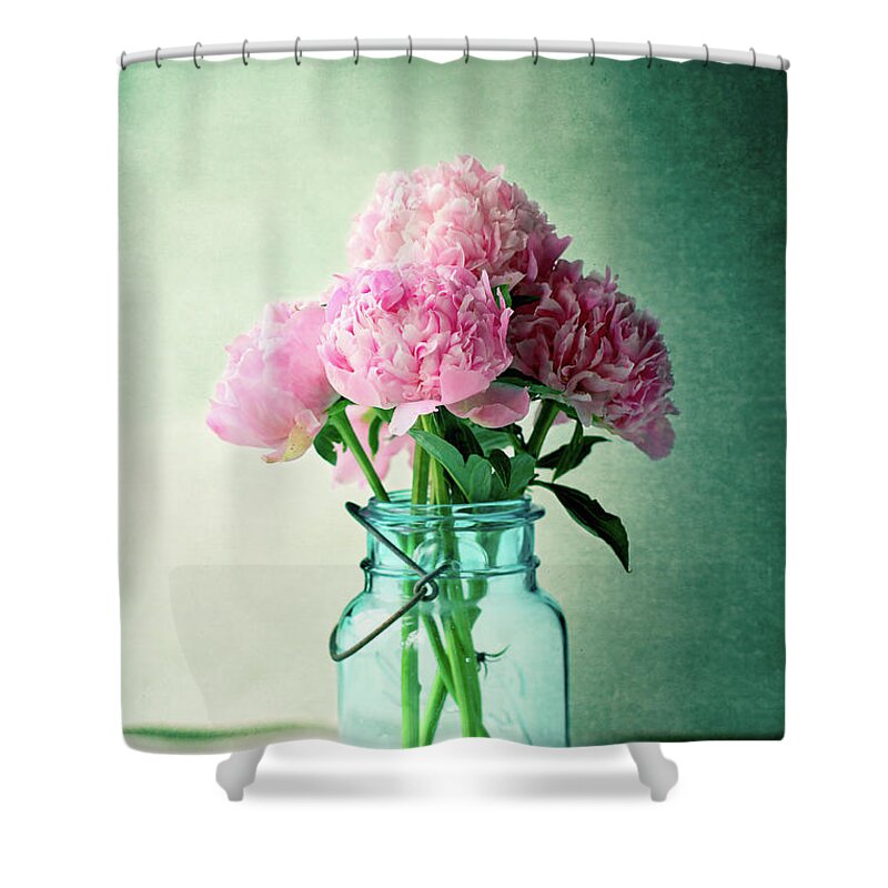 Flowers Shower Curtain featuring the photograph Pink Peonies in a Blue Antique Mason Jar by Stephanie Frey