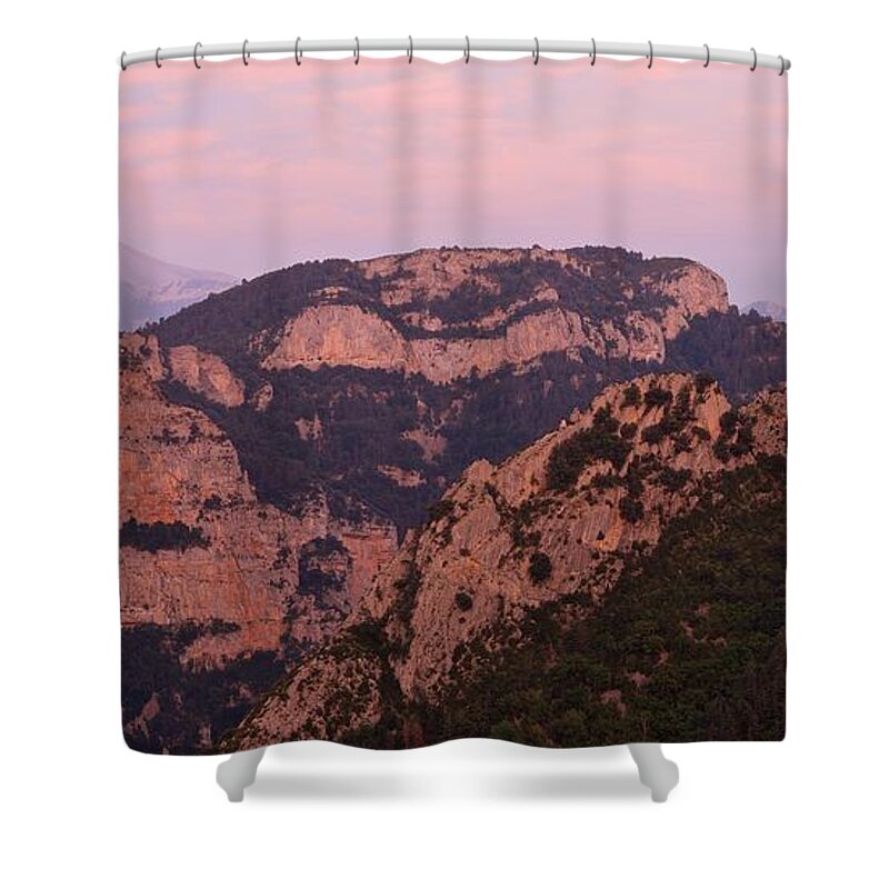 Pena Montanesa Shower Curtain featuring the photograph Pink Skies above Pena Montanesa by Stephen Taylor