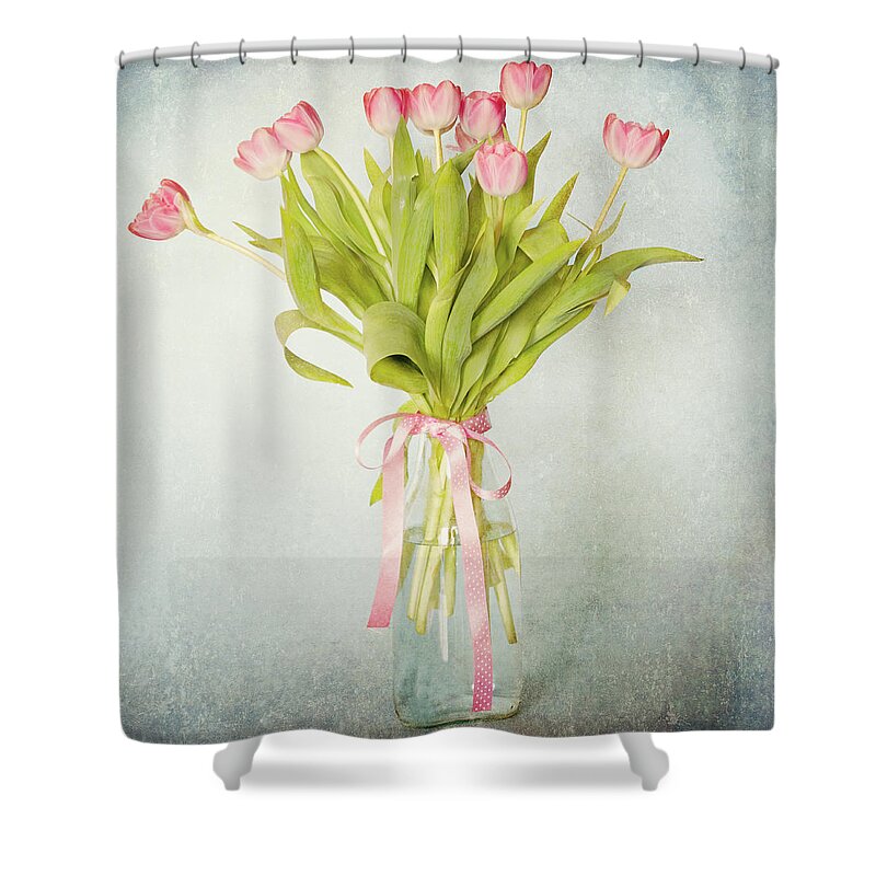 White Background Shower Curtain featuring the photograph Pink Tulip In Vase by Just A Click