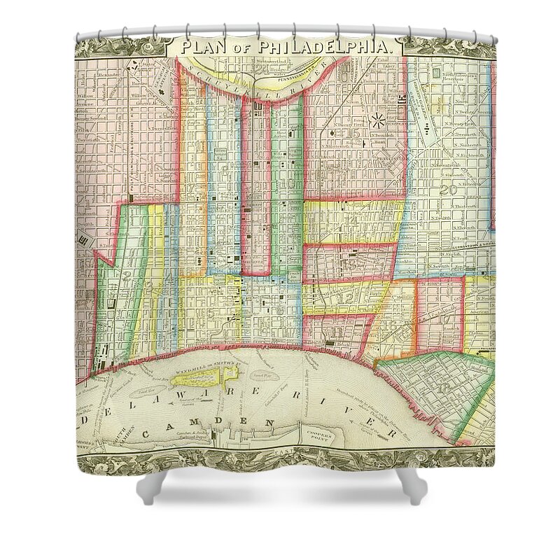 Map Shower Curtain featuring the mixed media Plan of Philadelphia, 1860 by Augustus Mitchell