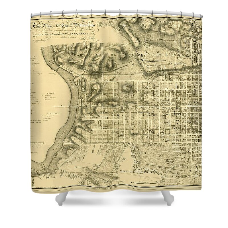 Philadelphia Shower Curtain featuring the mixed media Plan of the City of Philadelphia and Its Environs shewing the improved parts, 1796 by John Hills