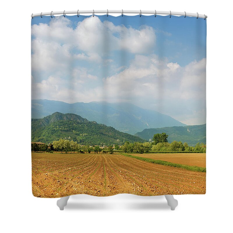 Scenics Shower Curtain featuring the photograph Plowed Field And Distant Mountains by Mammuth